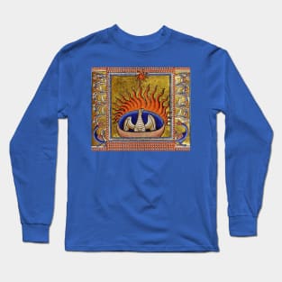 MEDIEVAL BESTIARY,PHOENIX IN RED FLAMES,TREE OF LIFE ,BIRDS,DRAGONS FANTASTIC ANIMALS IN GOLD RED BLUE COLORS Long Sleeve T-Shirt